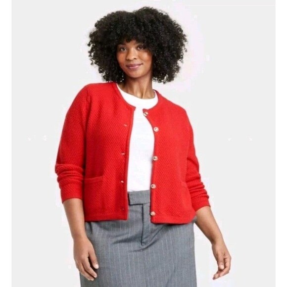 A New Day NWT 3X Red Ribbed Cuff Gold Button-Front Cardigan Sweater - Picture 4 of 11